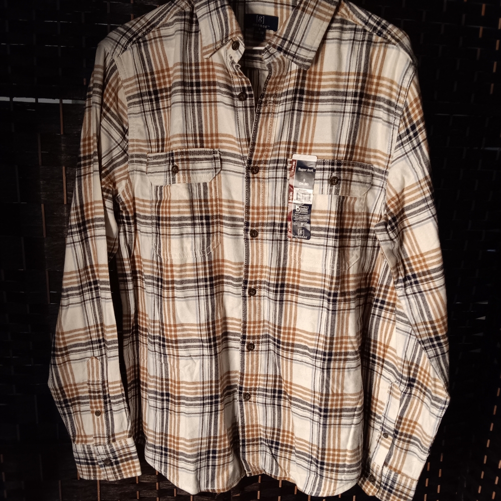 George Men's Casual Button Down Shirt - Brown and Black Plaid